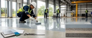 Lantai pabrik dengan zona kerja berbeda untuk pembacaan ketebalan epoxy