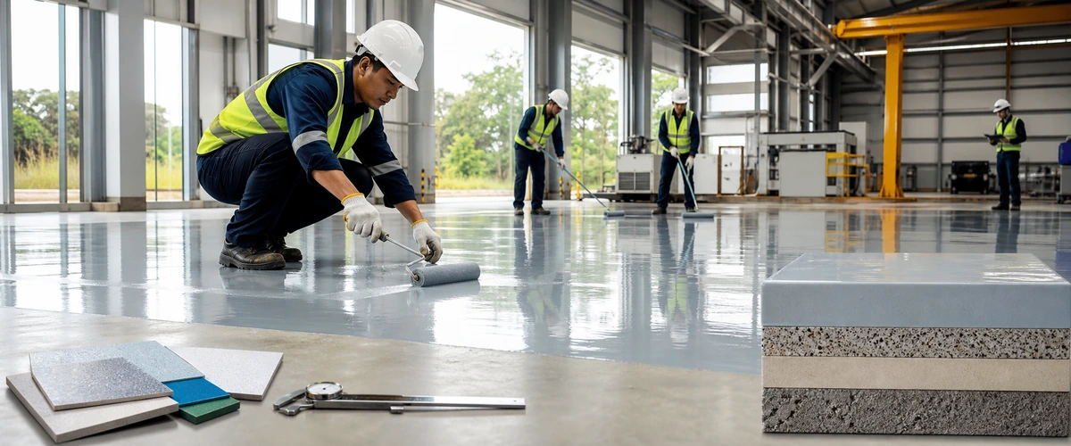 Lantai pabrik dengan zona kerja berbeda untuk pembacaan ketebalan epoxy