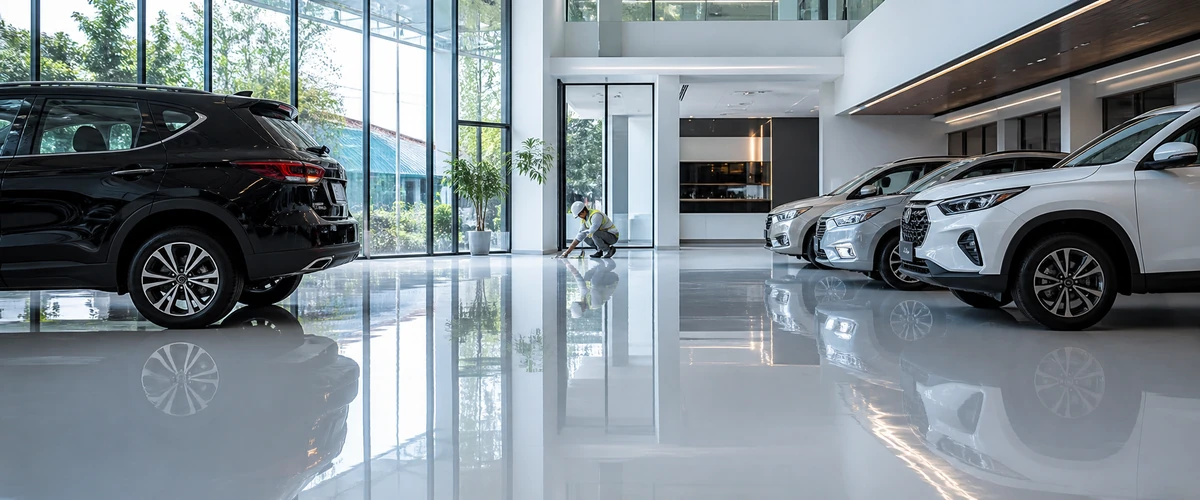 Area showroom otomotif dengan epoxy lantai rapi, mengilap, dan mudah dibersihkan