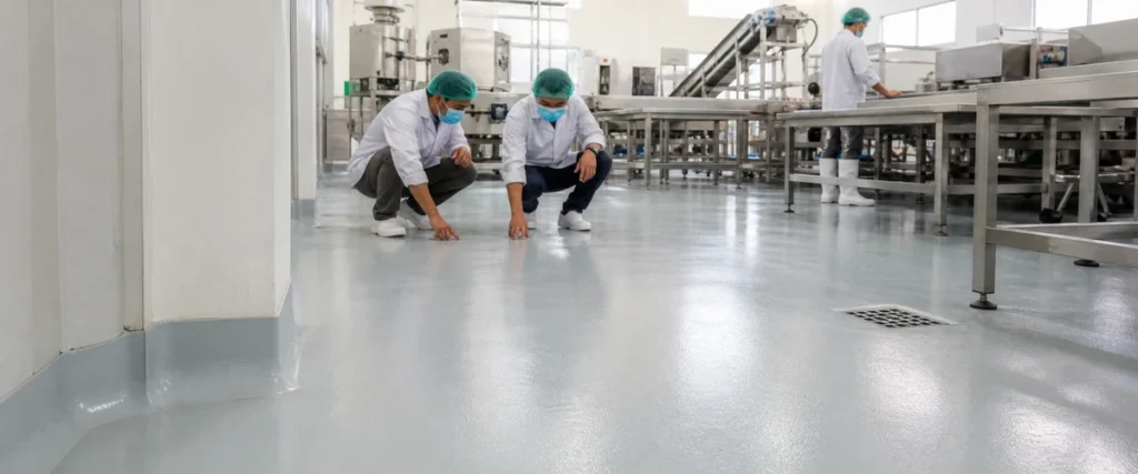 Lantai epoxy pada area produksi makanan dengan jalur kerja bersih dan aktif