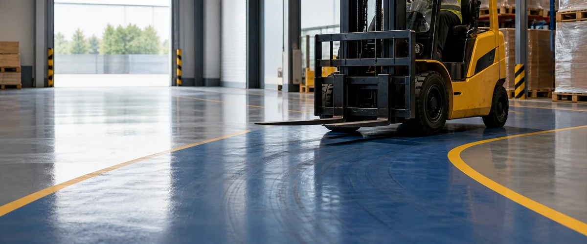 Jalur forklift gudang industri dengan lantai epoxy rapi di area putar aktif