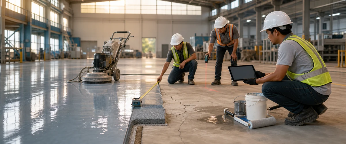 Estimasi proyek epoxy lantai pabrik pada area produksi industri