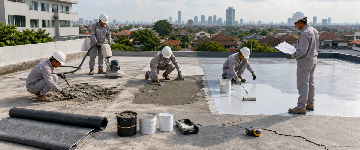 Estimasi biaya waterproofing dak beton dengan pembacaan kondisi existing dan scope kerja