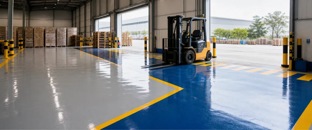 Area loading gudang dengan jalur forklift yang perlu pembacaan epoxy berbeda