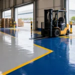 Area loading gudang dengan jalur forklift yang perlu pembacaan epoxy berbeda