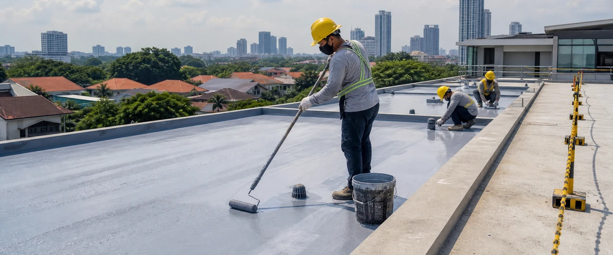 Survey waterproofing dak beton aktif dengan fokus drainase dan akses kerja