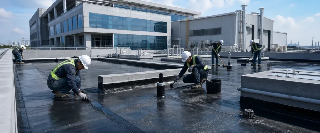 Tim inspeksi waterproofing di rooftop gedung komersial dan industri dengan fokus titik rawan bocor