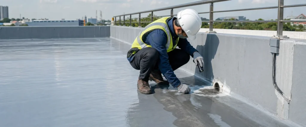 Inspeksi detail waterproofing pada dak beton yang baru dikerjakan