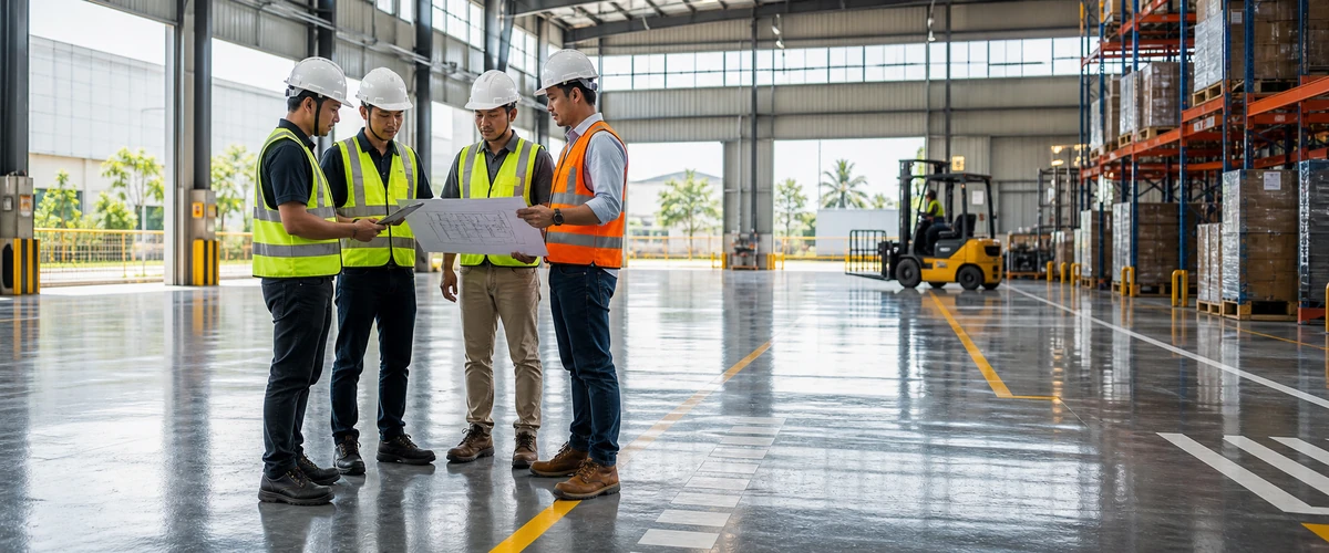 Survey vendor epoxy lantai gudang pada area forklift dan traffic berat