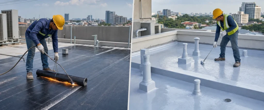 Perbandingan sistem membran bakar dan coating pada dak beton gedung komersial