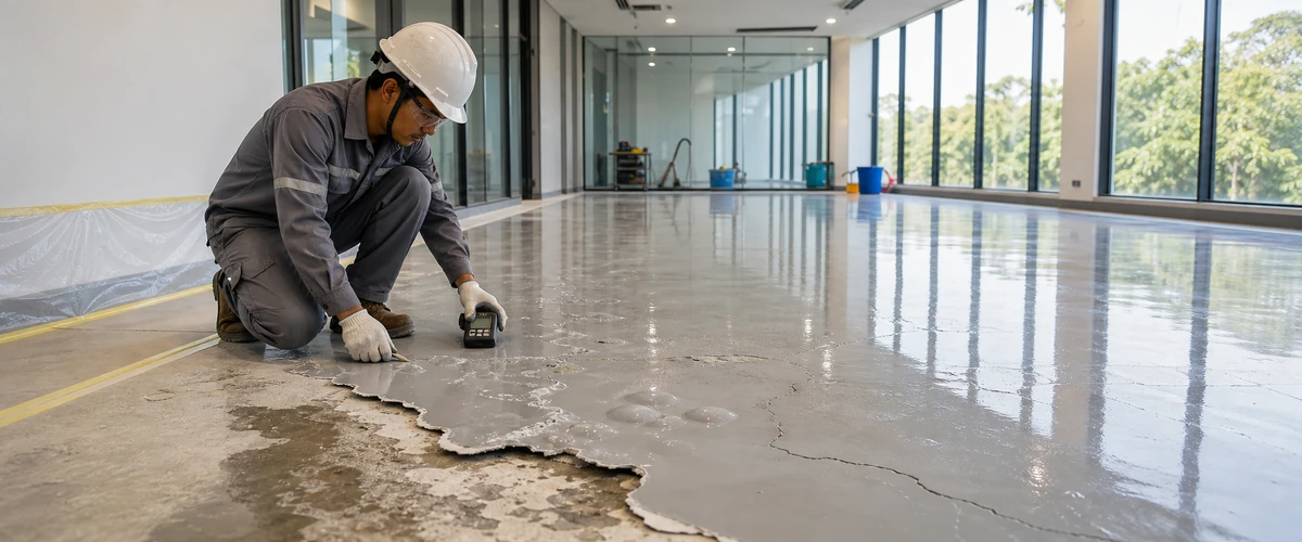 Lantai epoxy industri yang mulai rusak pada area traffic berat