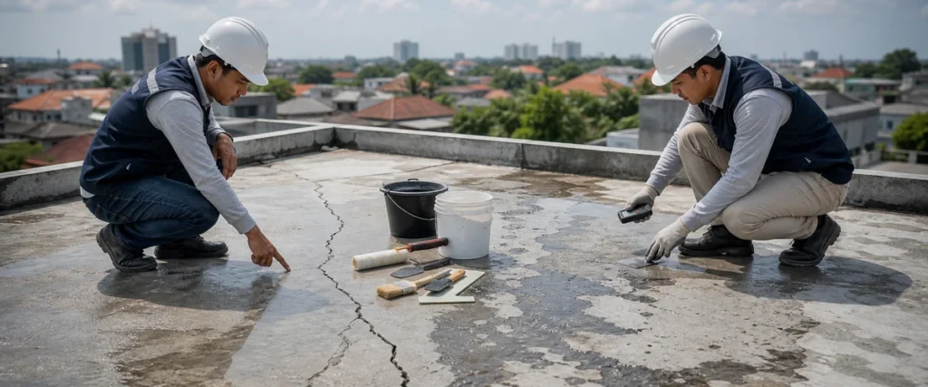 Inspeksi perbaikan dak rembes pada area rooftop beton