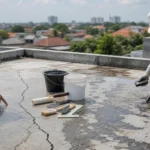 Inspeksi perbaikan dak rembes pada area rooftop beton