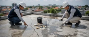 Inspeksi perbaikan dak rembes pada area rooftop beton