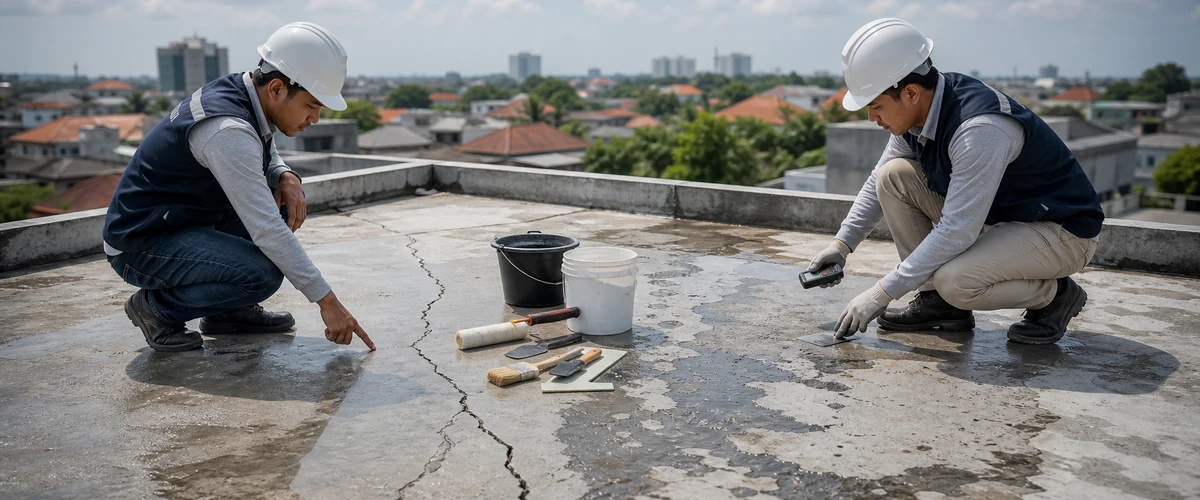 Inspeksi perbaikan dak rembes pada area rooftop beton