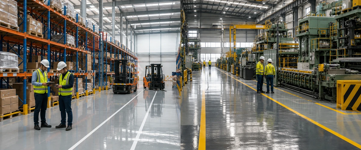 Perbandingan zona gudang dan pabrik dengan kebutuhan epoxy lantai yang berbeda