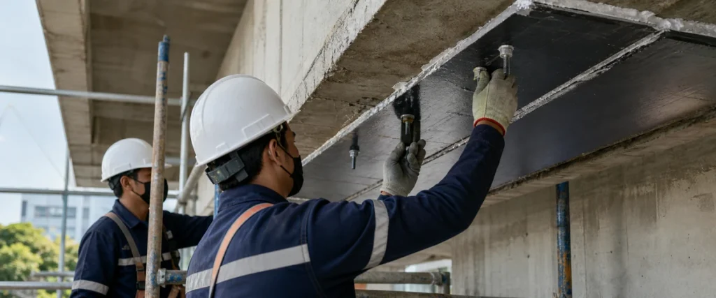 Plate bonding untuk perkuatan beton pada elemen balok existing