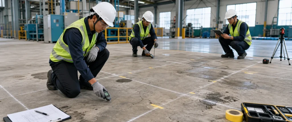 Survey lantai pabrik untuk persiapan proyek epoxy lantai industri