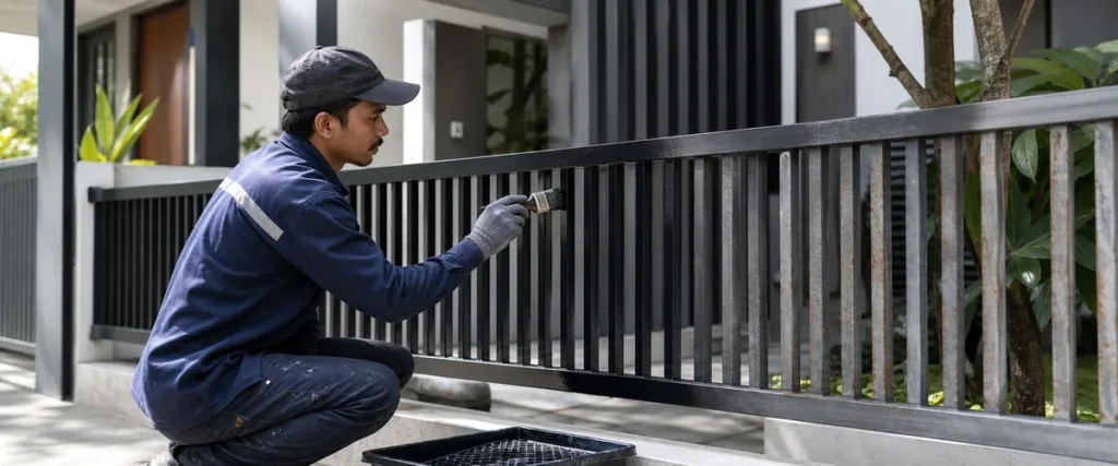 Aplikasi cat DTM water based pada pagar dan railing besi eksterior