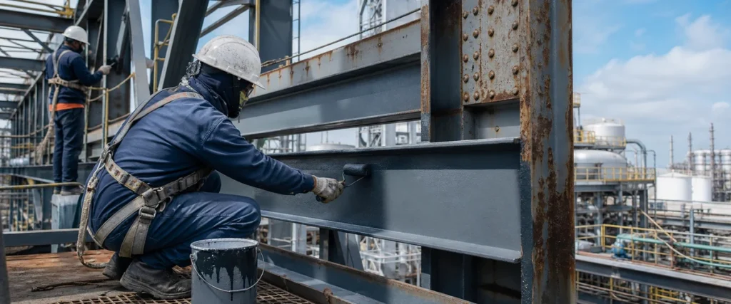 Inspeksi struktur baja industri dengan tanda korosi awal sebelum recoating
