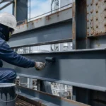 Inspeksi struktur baja industri dengan tanda korosi awal sebelum recoating