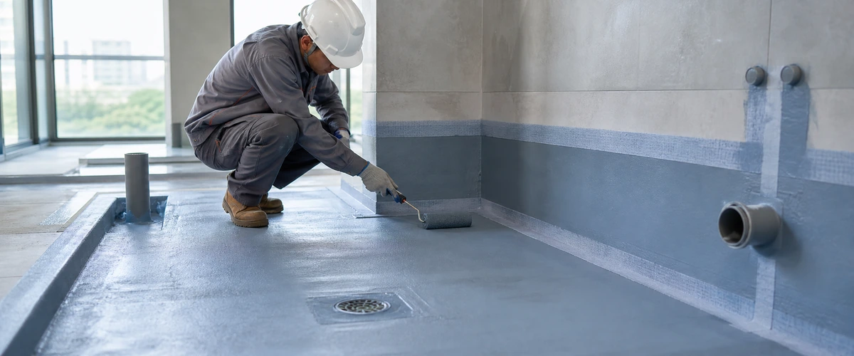 Pemeriksaan detail waterproofing area basah gedung komersial pada floor drain dan sudut kritis