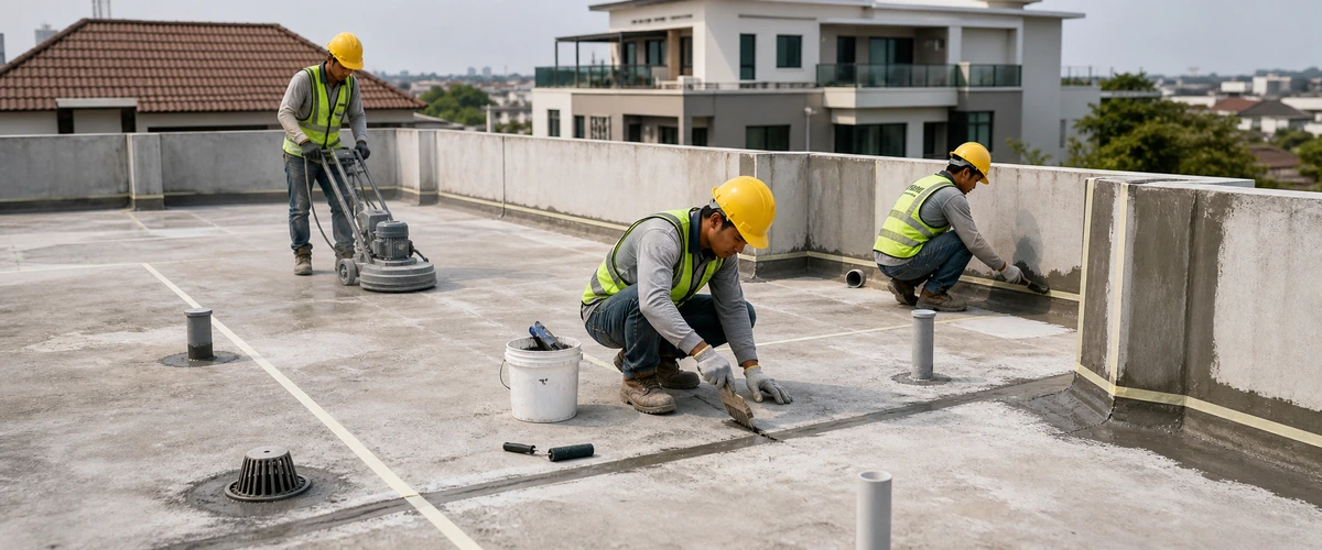 Persiapan permukaan waterproofing atap beton dengan inspeksi retak dan detail sambungan
