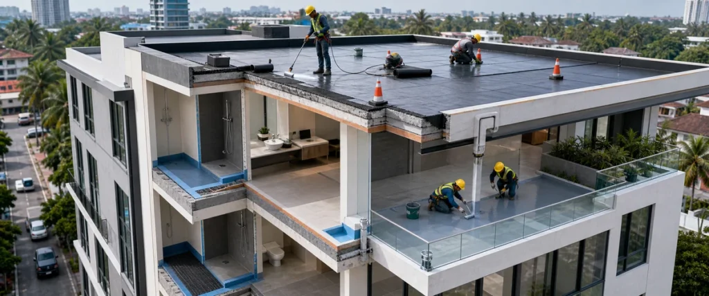 Pembagian zona waterproofing pada gedung komersial multi area