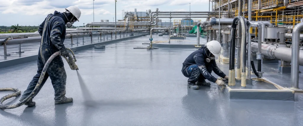 Aplikasi waterproofing polyurea pada area industri ekspos dengan detail sambungan kompleks