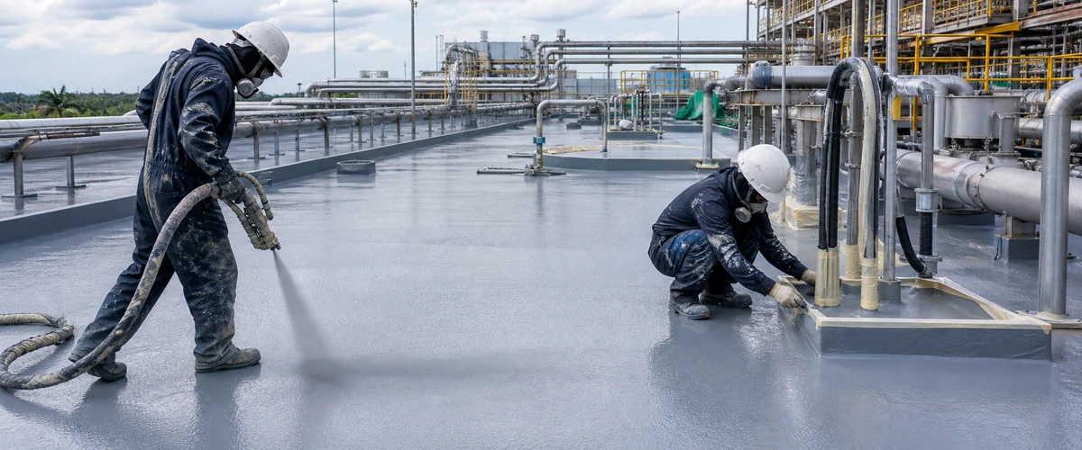 Aplikasi waterproofing polyurea pada area industri ekspos dengan detail sambungan kompleks