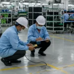 Tim fasilitas mengevaluasi kondisi dan perawatan lantai epoxy antistatic industri