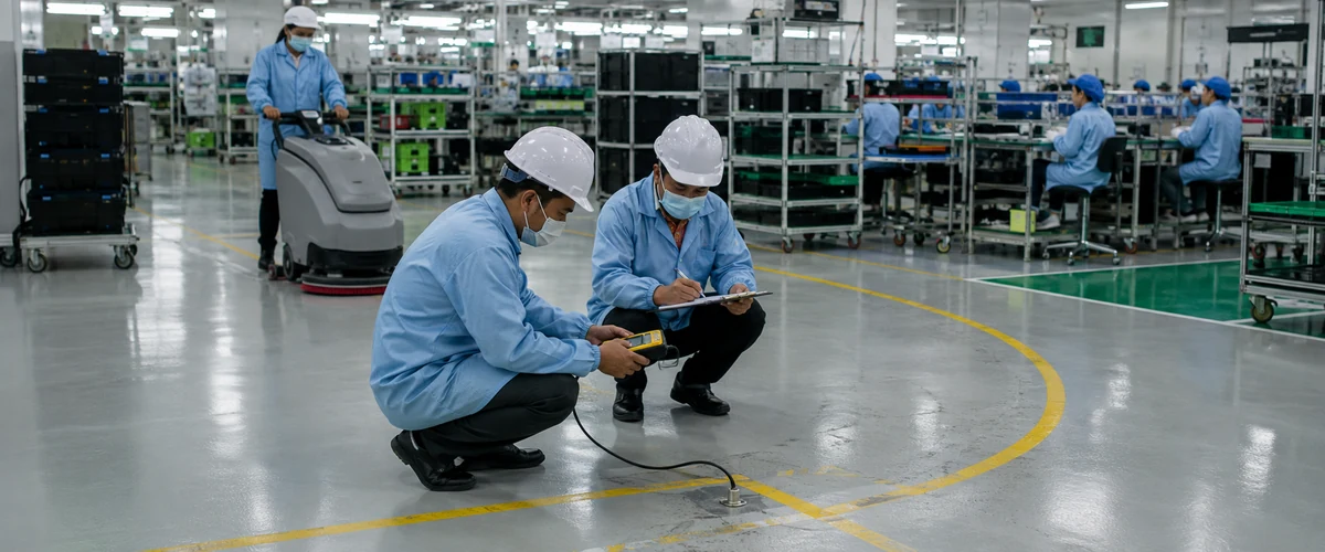 Tim fasilitas mengevaluasi kondisi dan perawatan lantai epoxy antistatic industri