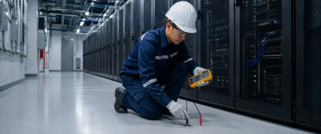 Pemeriksaan lantai epoxy antistatic di ruang server dengan perangkat elektronik kritis