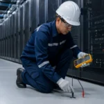Pemeriksaan lantai epoxy antistatic di ruang server dengan perangkat elektronik kritis