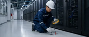 Pemeriksaan lantai epoxy antistatic di ruang server dengan perangkat elektronik kritis