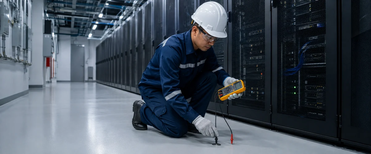 Pemeriksaan lantai epoxy antistatic di ruang server dengan perangkat elektronik kritis
