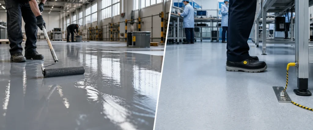 Perbandingan lantai epoxy biasa dan antistatic pada area industri berbeda